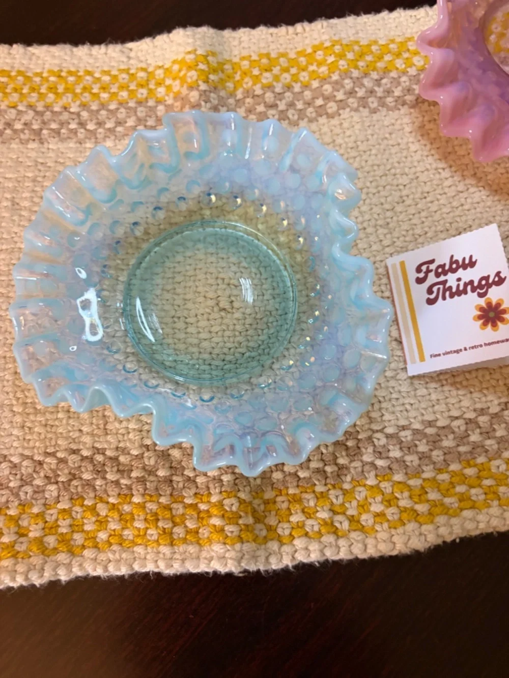Vintage MCM (1940-69) Fenton Art Opalescent Aquamarine Hobnail Ruffled Dish